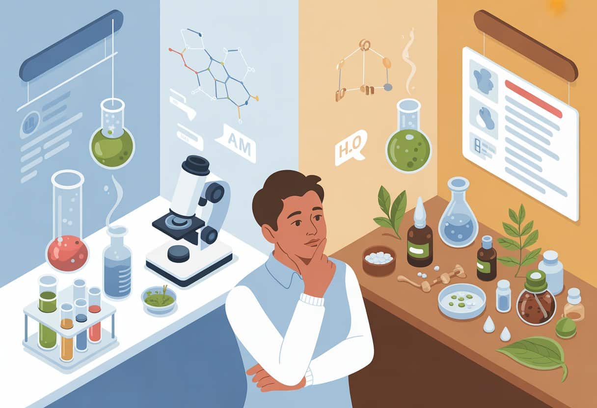 A person thoughtfully examining scientific equipment on one side and homeopathic remedies on the other, symbolizing the debate between science and placebo.
