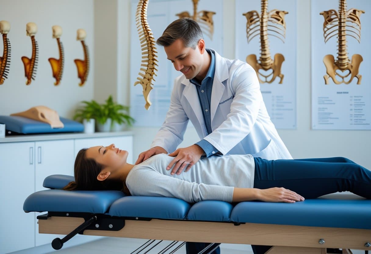 A chiropractor adjusting a patient's spine on a chiropractic table in a bright clinic room.
