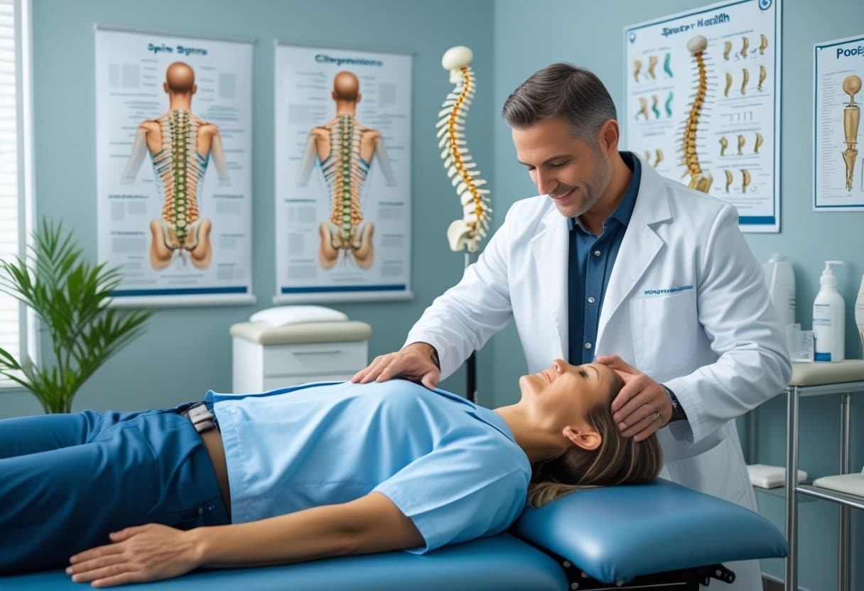 A chiropractor adjusting the spine of a patient lying on a treatment table in a modern clinic with spine charts and a spine model in the background.