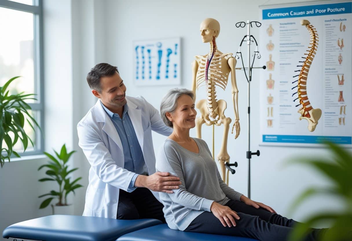 A chiropractor examining a patient's back in a bright clinic with a spine model and posture charts in the background.