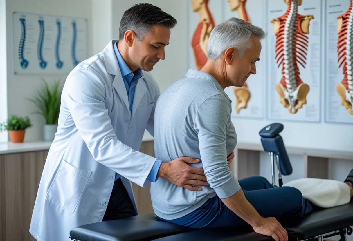 A chiropractor adjusting the spine of a seated patient in a clean clinic setting.