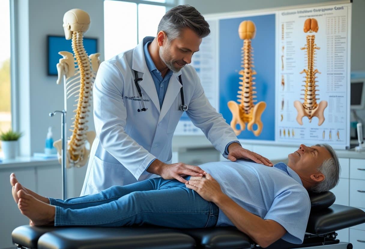 A chiropractor examines a patient's spine while the patient sits on an adjustment table in a bright clinical room with spine models and posture charts in the background.