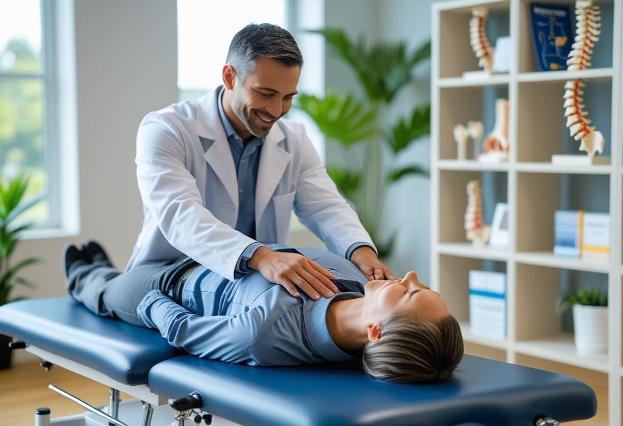 A chiropractor gently adjusting a patient's spine in a bright clinic room with natural light and plants.