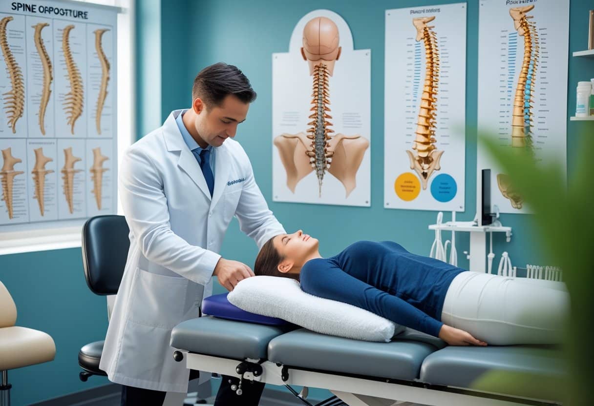 A chiropractor examining a patient's back in a clinic with spine models and posture charts on the walls.