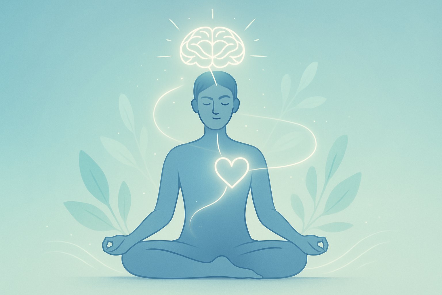 A person sitting cross-legged in meditation with glowing symbols of a brain and heart connected by light, surrounded by natural elements like leaves and waves.