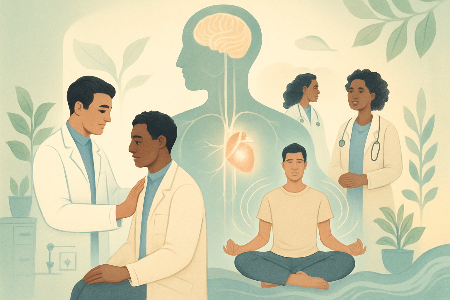 A healthcare professional gently supporting a patient who is meditating, with a glowing human silhouette showing the brain and heart, surrounded by natural elements and medical equipment.