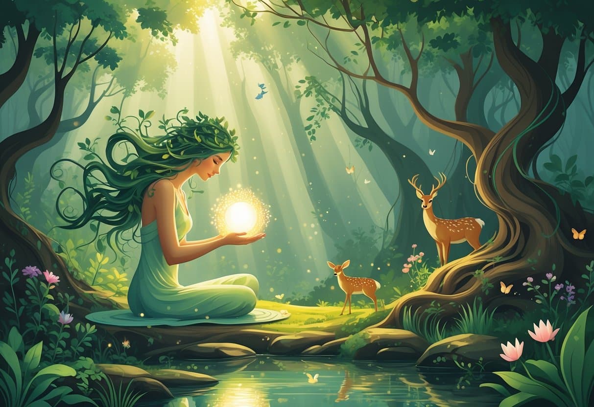 A woman surrounded by lush plants and trees gently holding a glowing light orb, with animals nearby in a peaceful forest setting.