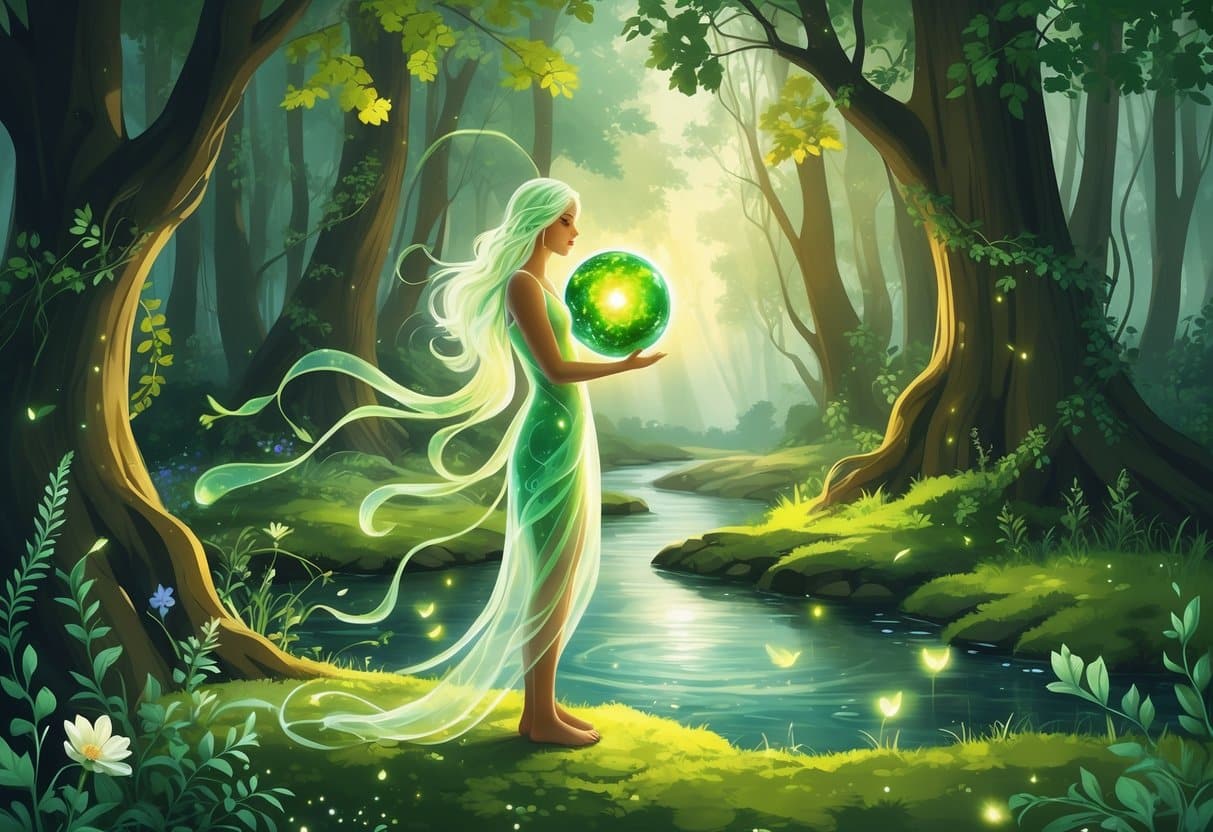 A glowing figure stands barefoot in a lush forest surrounded by trees, flowers, and a flowing stream, holding a green orb of light.