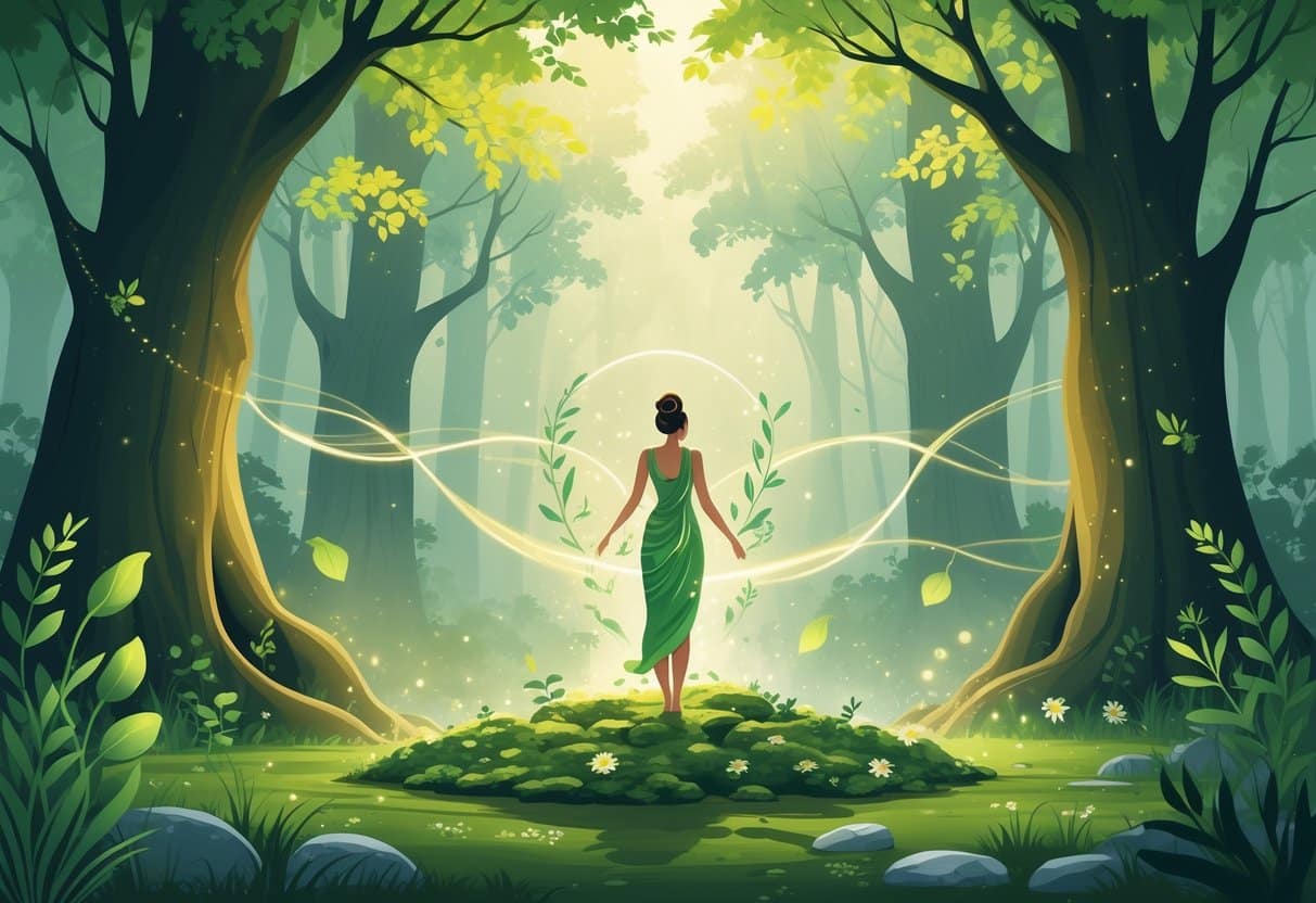 A peaceful forest with a barefoot figure surrounded by glowing plants, streams of light, and natural elements representing healing and nature.