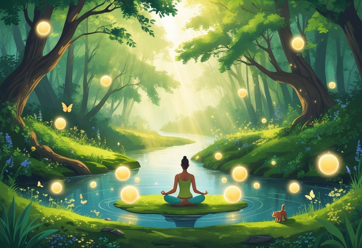 A peaceful figure meditating by a glowing forest river surrounded by trees, flowers, butterflies, and gentle woodland animals.