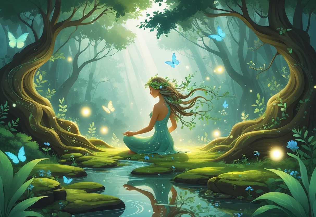A peaceful woman surrounded by glowing plants, trees, and small animals in a forest clearing, symbolizing healing through nature.