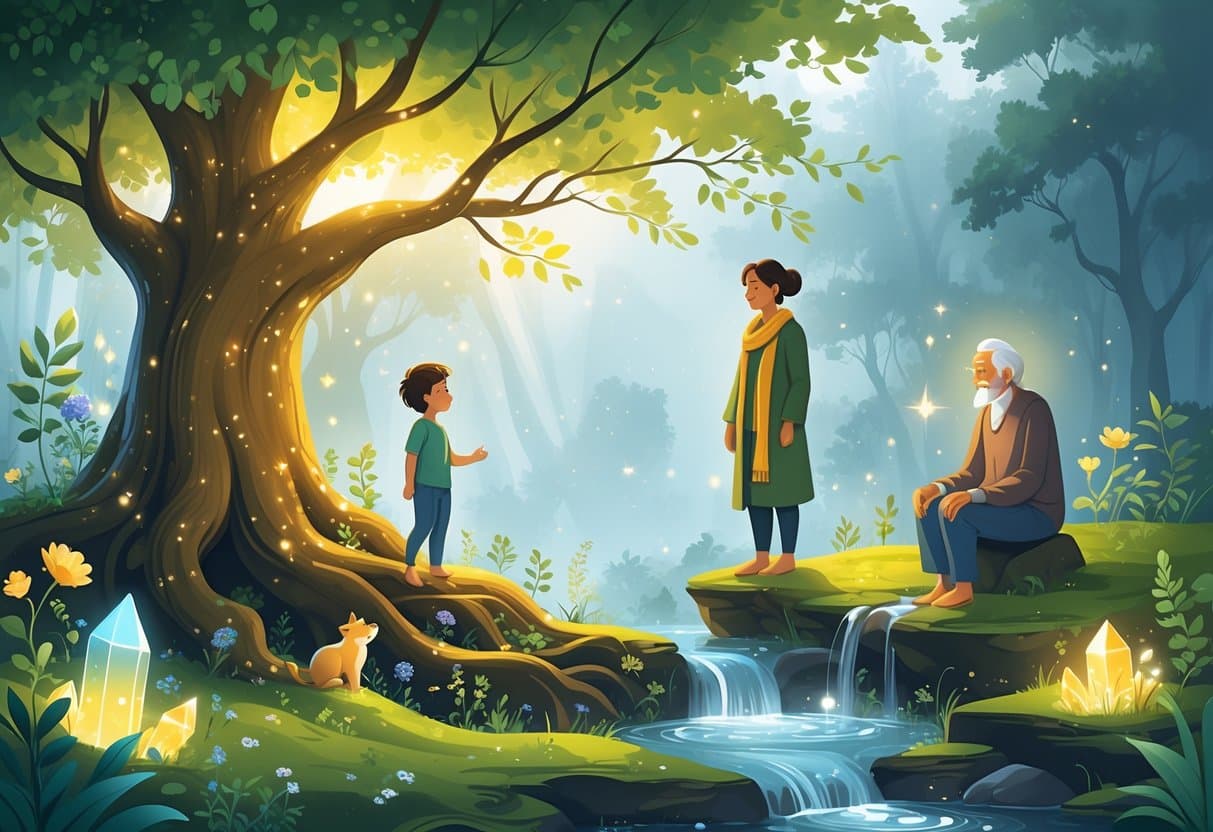 A glowing tree with three figures representing childhood, adulthood, and old age in a peaceful forest surrounded by flowers, water, and natural elements.