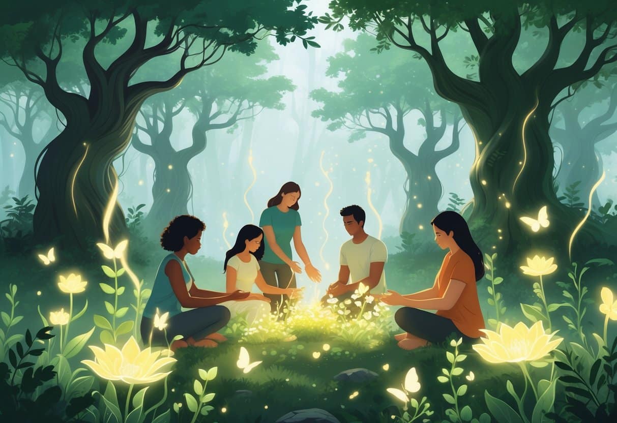 A peaceful forest scene with people surrounded by glowing plants and gentle light, showing a sense of healing and community support.