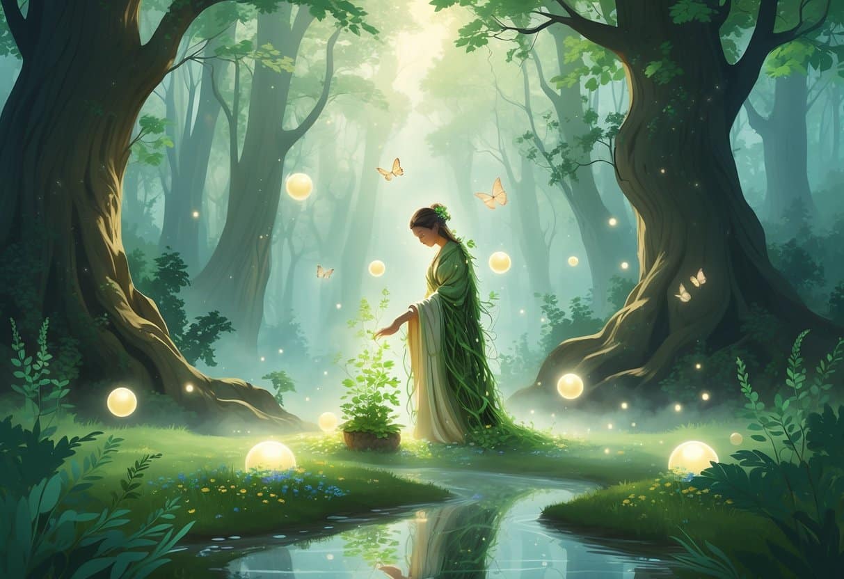 A peaceful figure tending to a glowing garden of healing plants in a misty forest with soft light and a clear stream nearby.