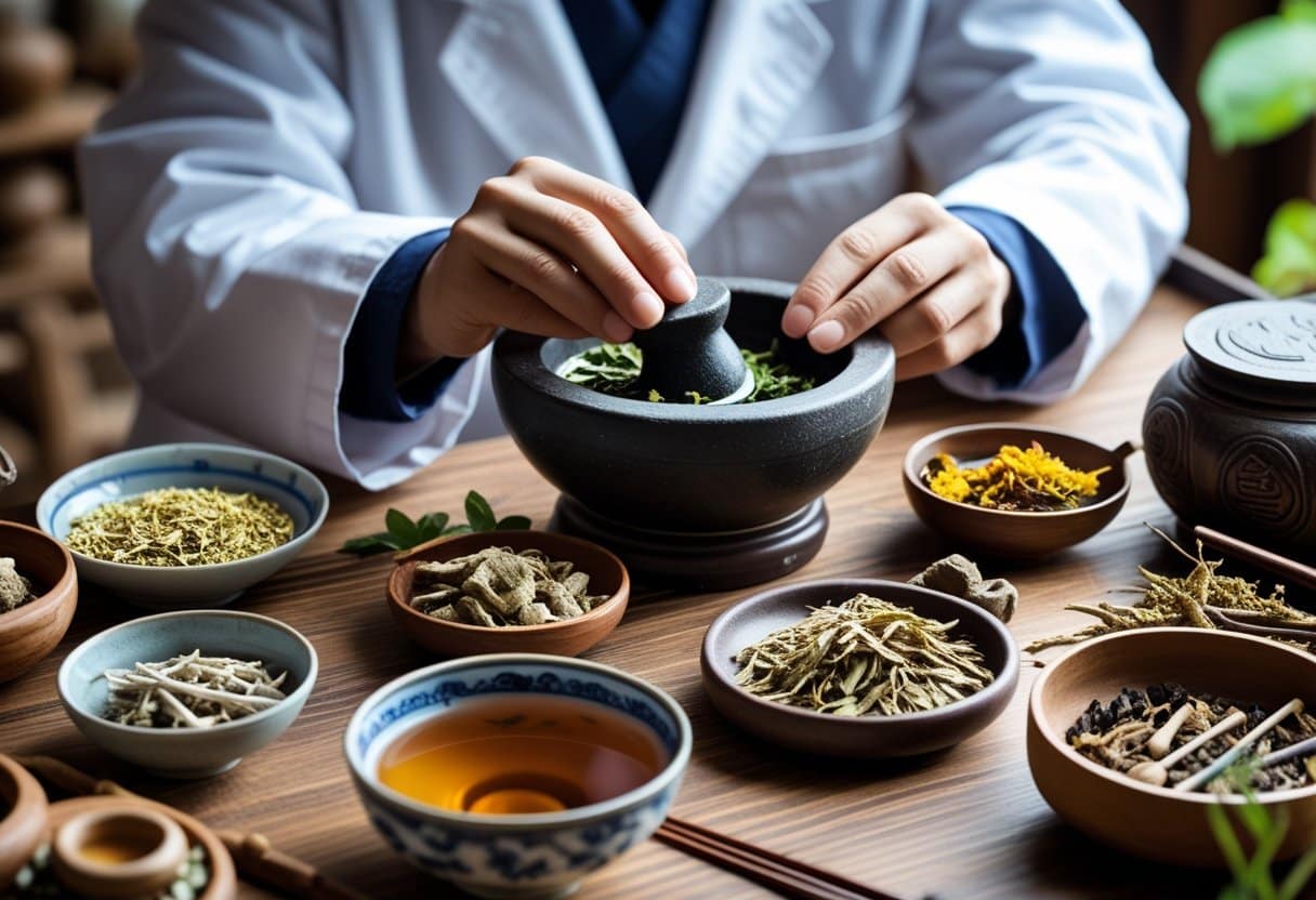 A person preparing traditional Chinese herbal medicine with dried herbs, acupuncture needles, and herbal tea on a wooden table.