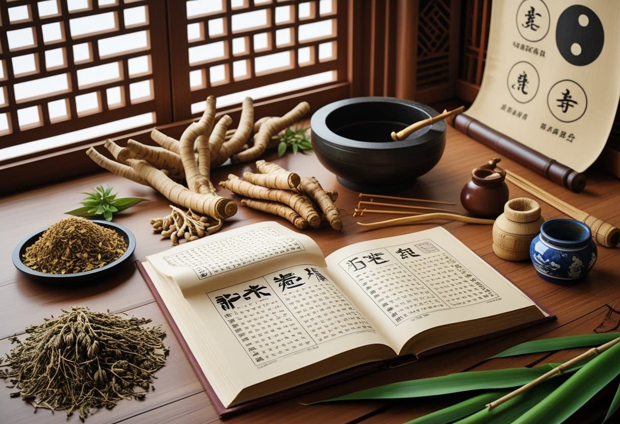 A wooden table with ancient Chinese medical books, dried herbs, acupuncture needles, and traditional medicine tools arranged neatly under soft natural light.
