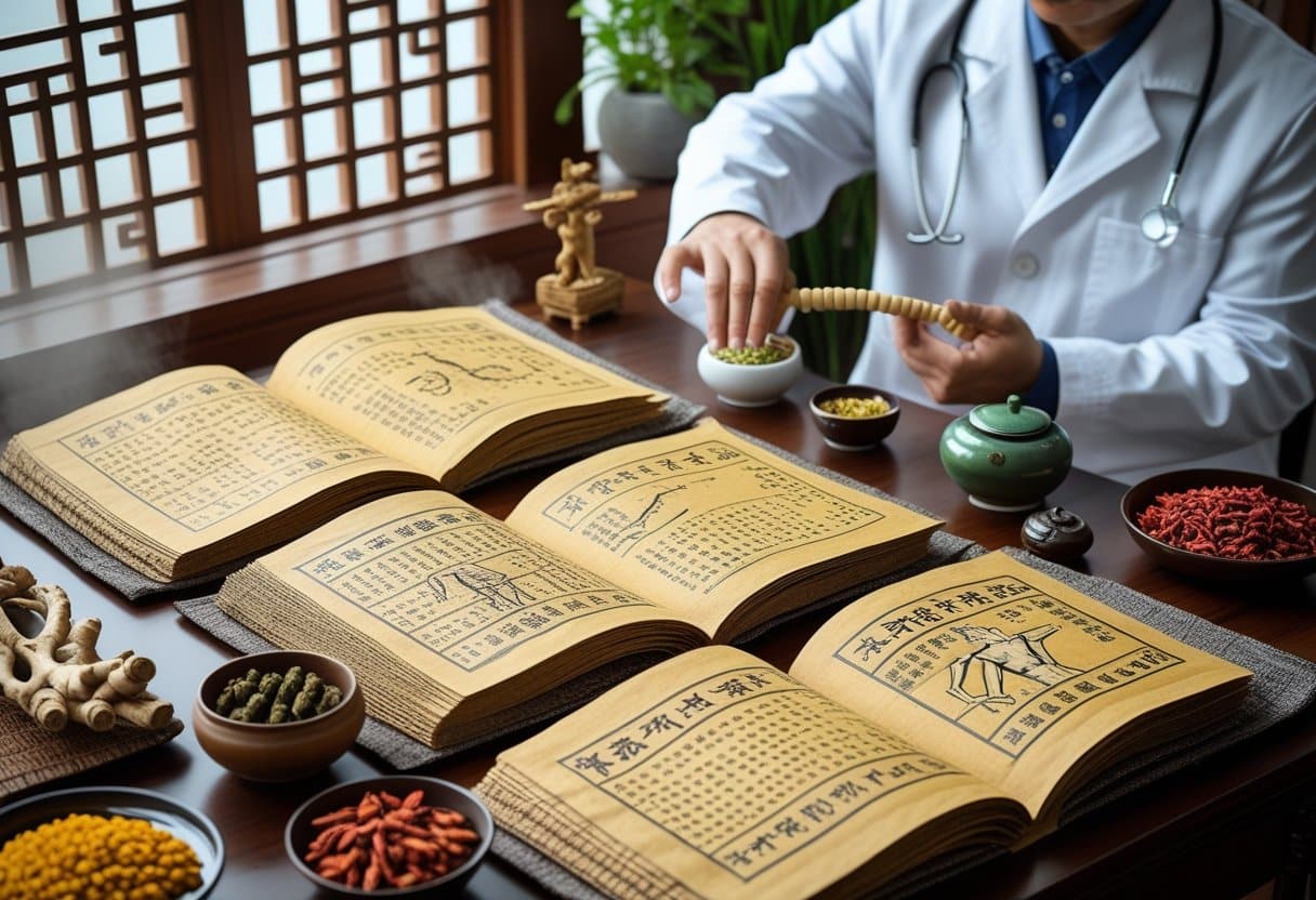 A table with ancient Chinese medical texts, traditional herbs in bowls, and a practitioner using a jade tool on a patient's shoulder in a softly lit room.