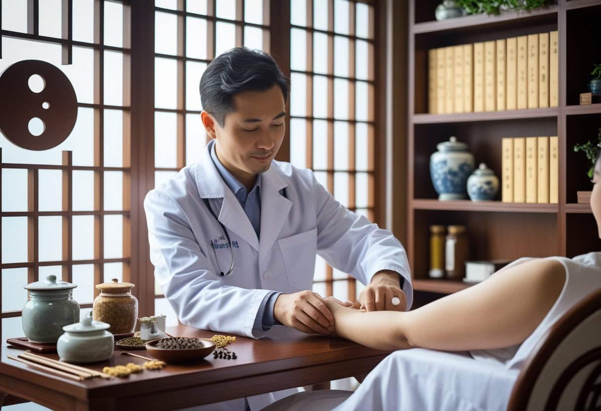 A traditional Chinese medicine practitioner examining a patient's pulse in a calm consultation room with herbal medicines and acupuncture tools nearby.