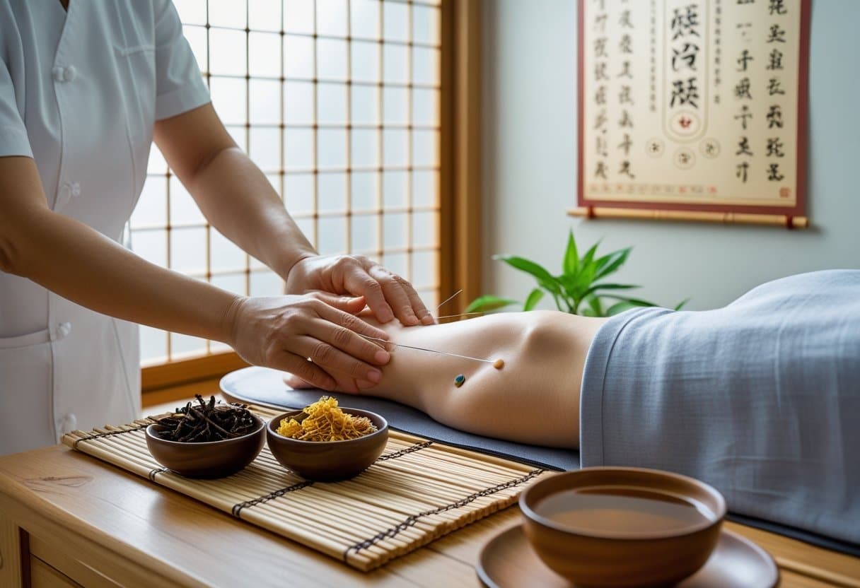 A practitioner performing acupuncture on a patient's arm in a calm treatment room with traditional herbal medicine ingredients and a Chinese medicine chart in the background.