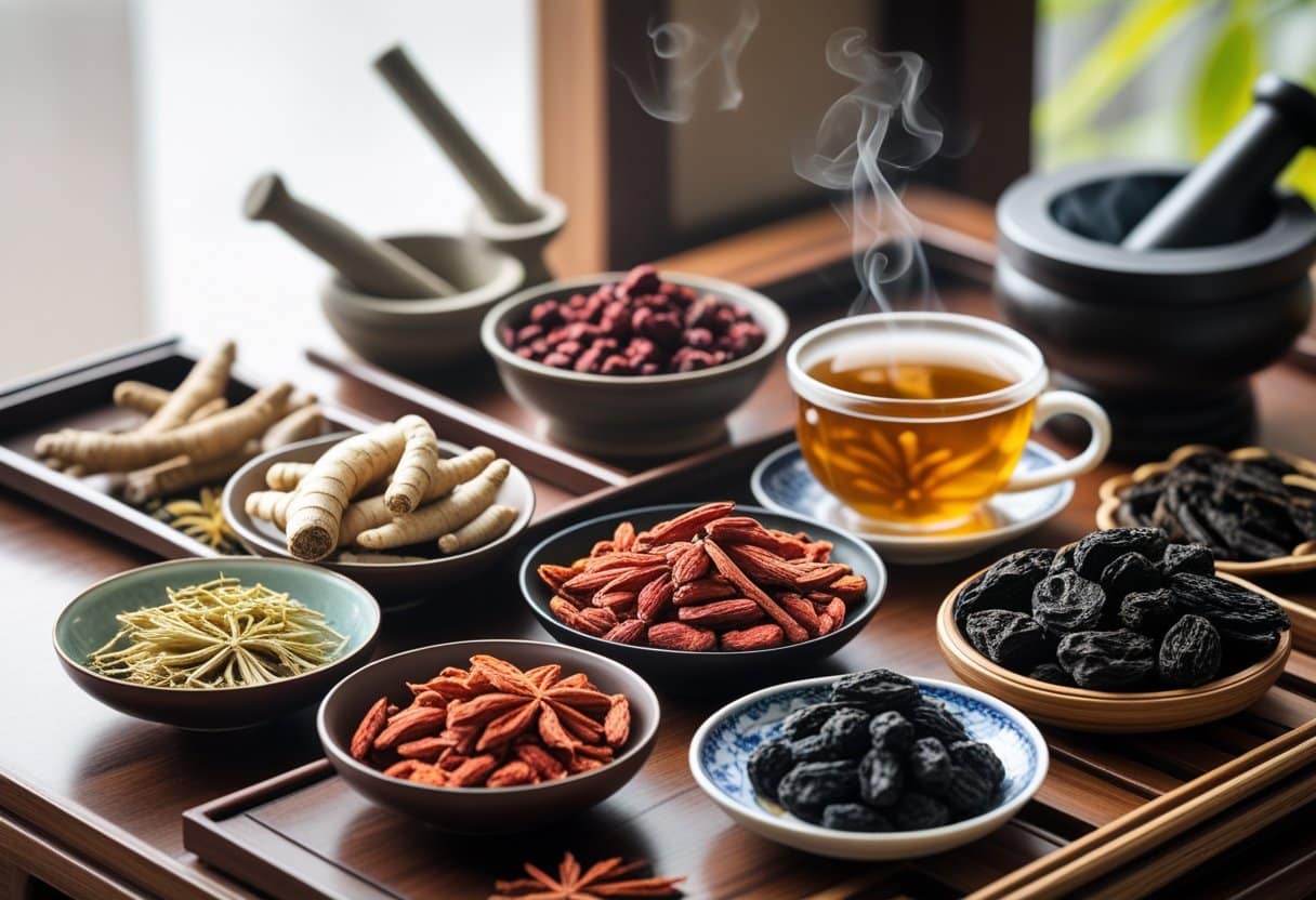 An arrangement of dried Chinese herbs in bowls and trays with a mortar and pestle and a cup of herbal tea on a wooden table.