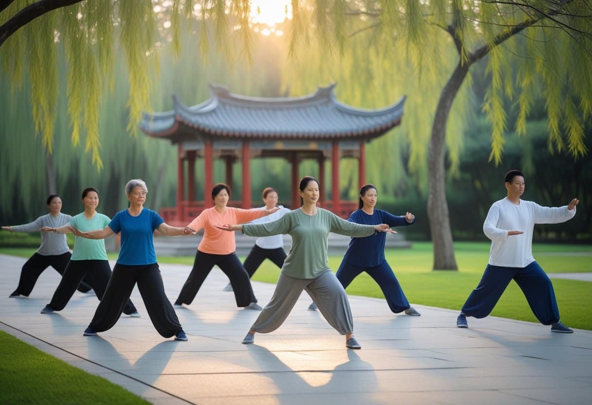 People practicing Tai Chi and Qigong in a peaceful park with bamboo and a traditional Chinese pavilion in the background.