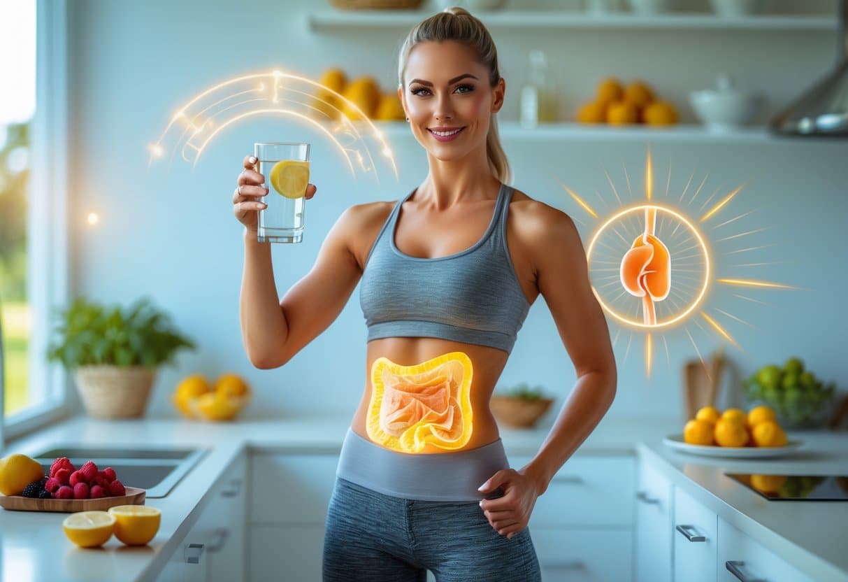 A fit woman in a modern kitchen holding a glass of water with lemon, surrounded by digital illustrations showing glucose effects on the body.