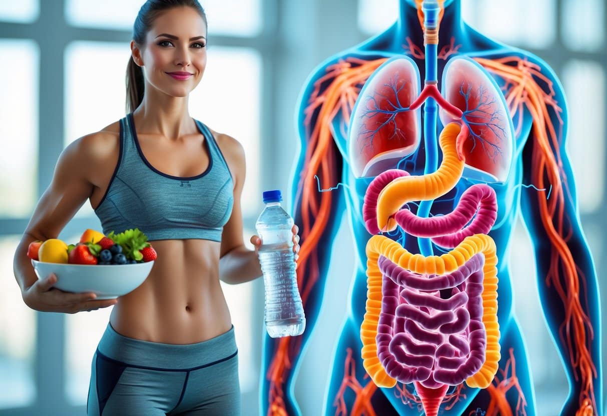 A fit woman holding a bowl of fruits and vegetables with a glowing anatomical illustration of the digestive system and bloodstream behind her.