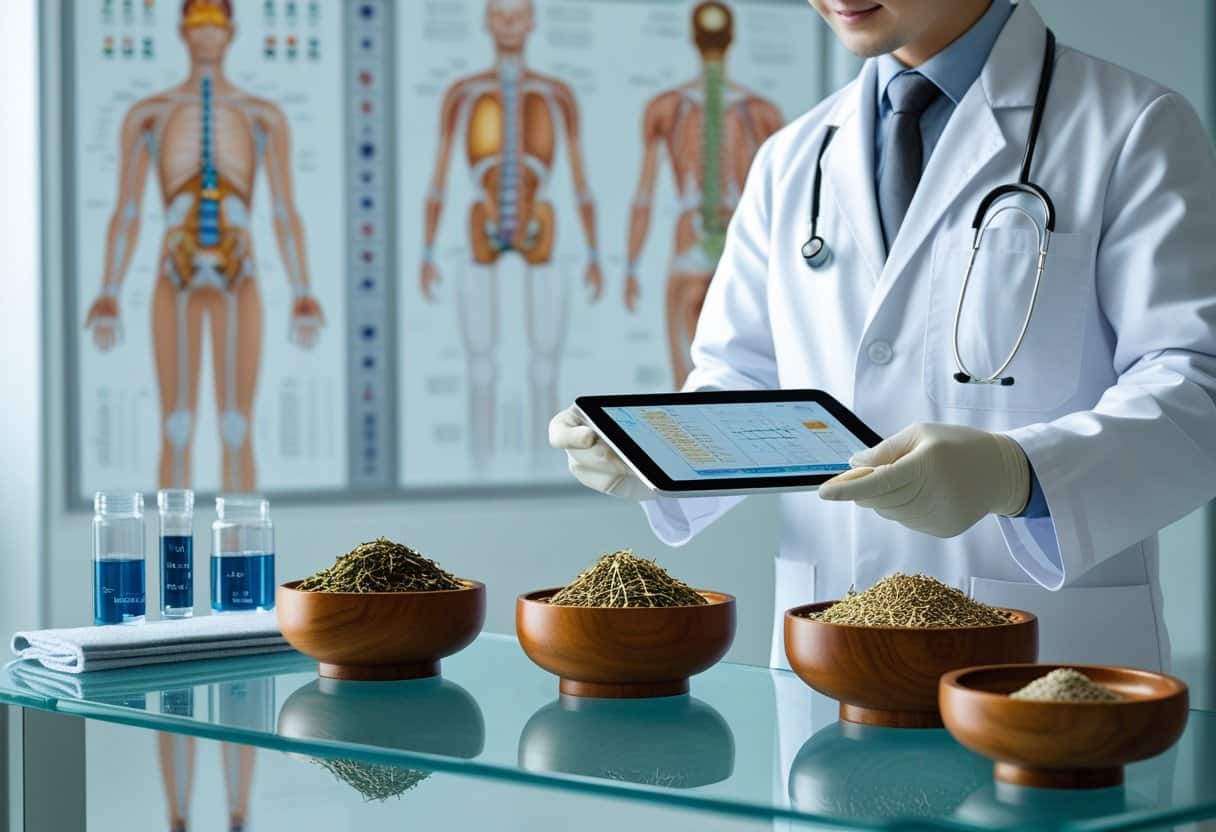 A healthcare professional in a white coat examines traditional Chinese medicine herbs and acupuncture needles in a modern clinical setting with medical equipment nearby.