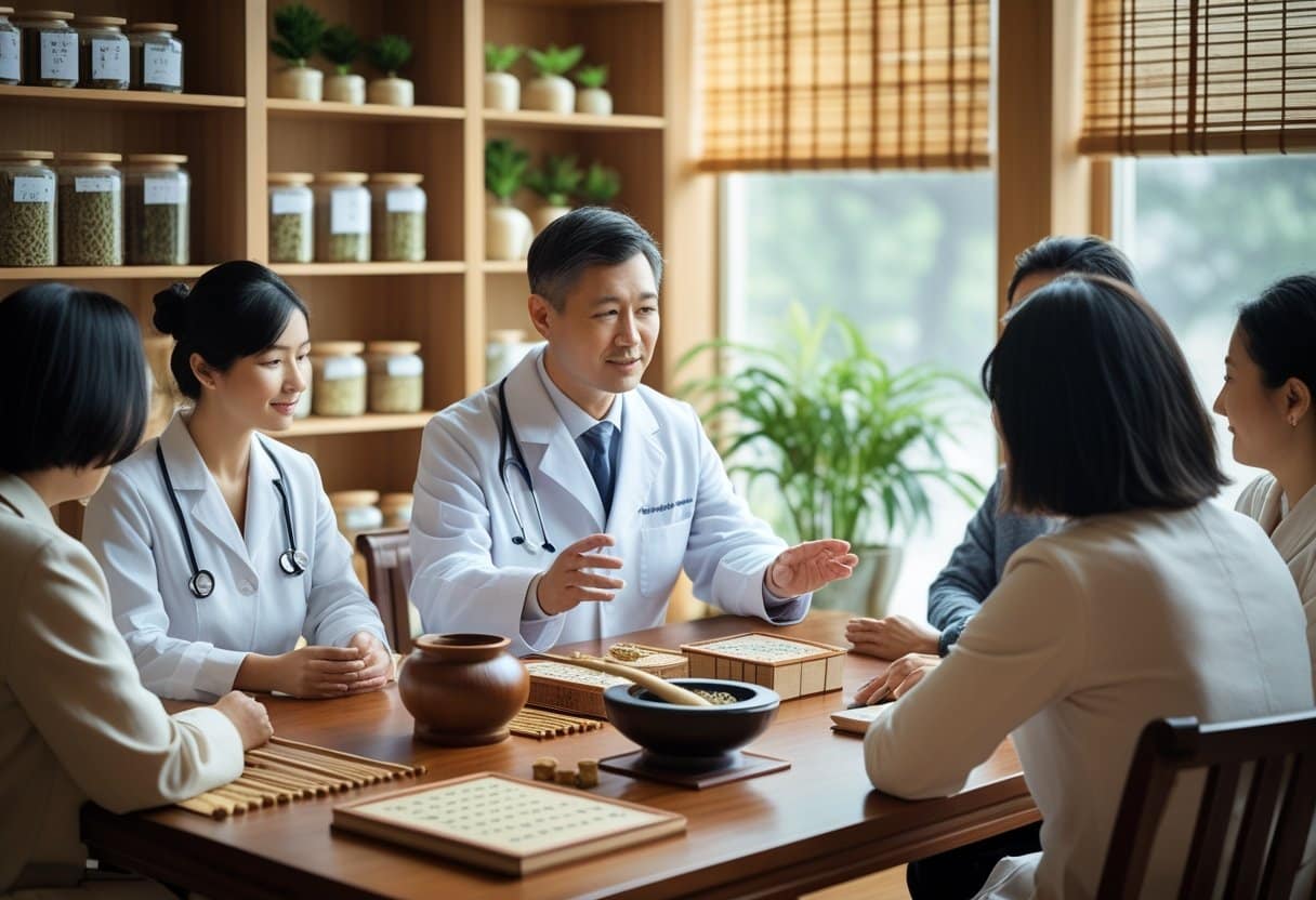 A Traditional Chinese Medicine practitioner explaining herbal remedies and acupuncture to patients in a calm consultation room with herbs and medical tools on a wooden table.