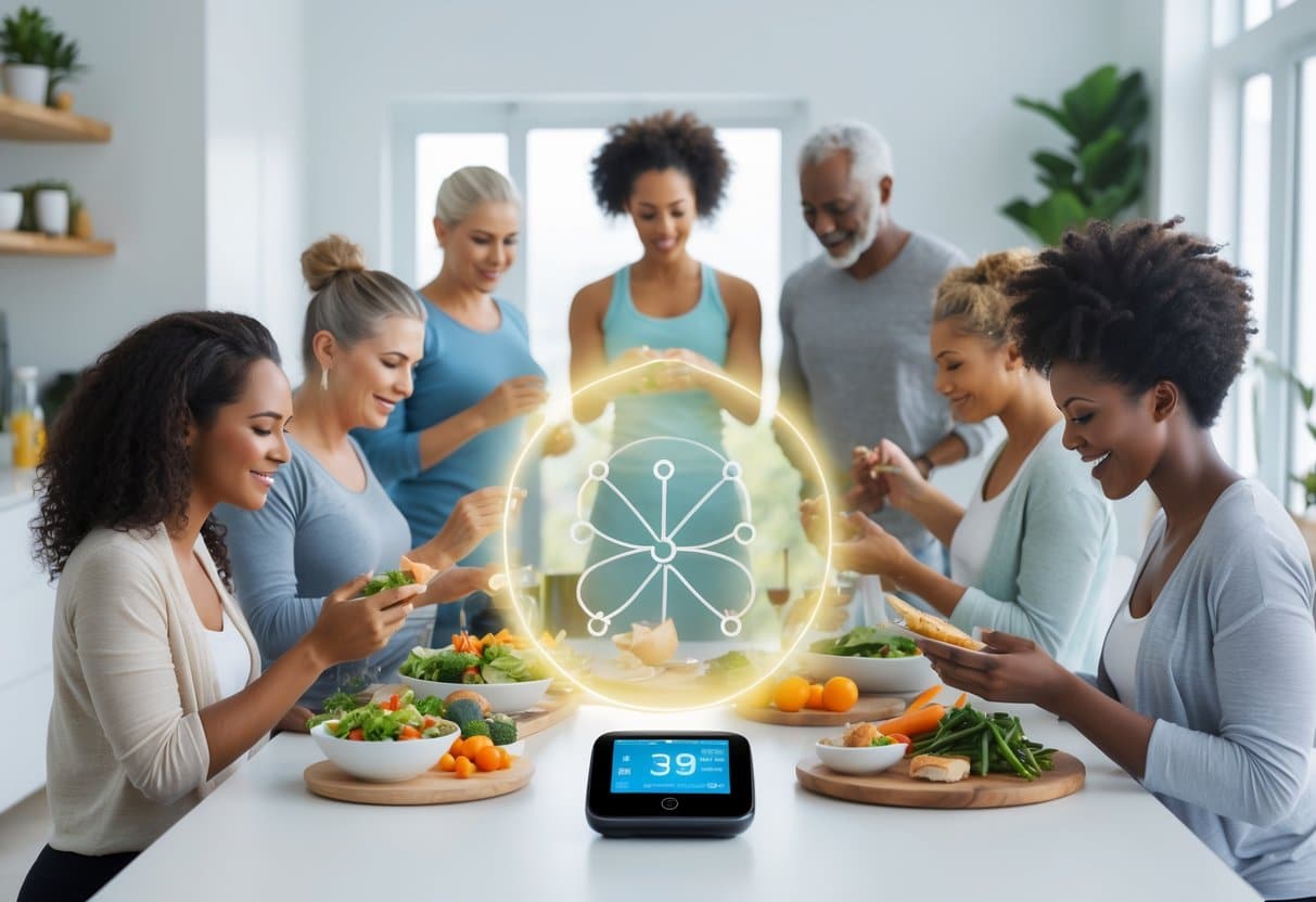 A group of diverse adults eating healthy meals, checking blood sugar levels, and practicing wellness activities in a bright, clean environment.
