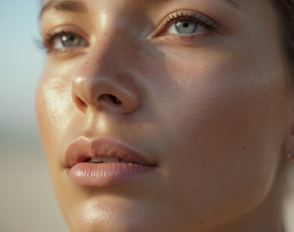 Close-up portrait of a healthy adult person with clear skin and natural lighting, showing a calm and confident expression.