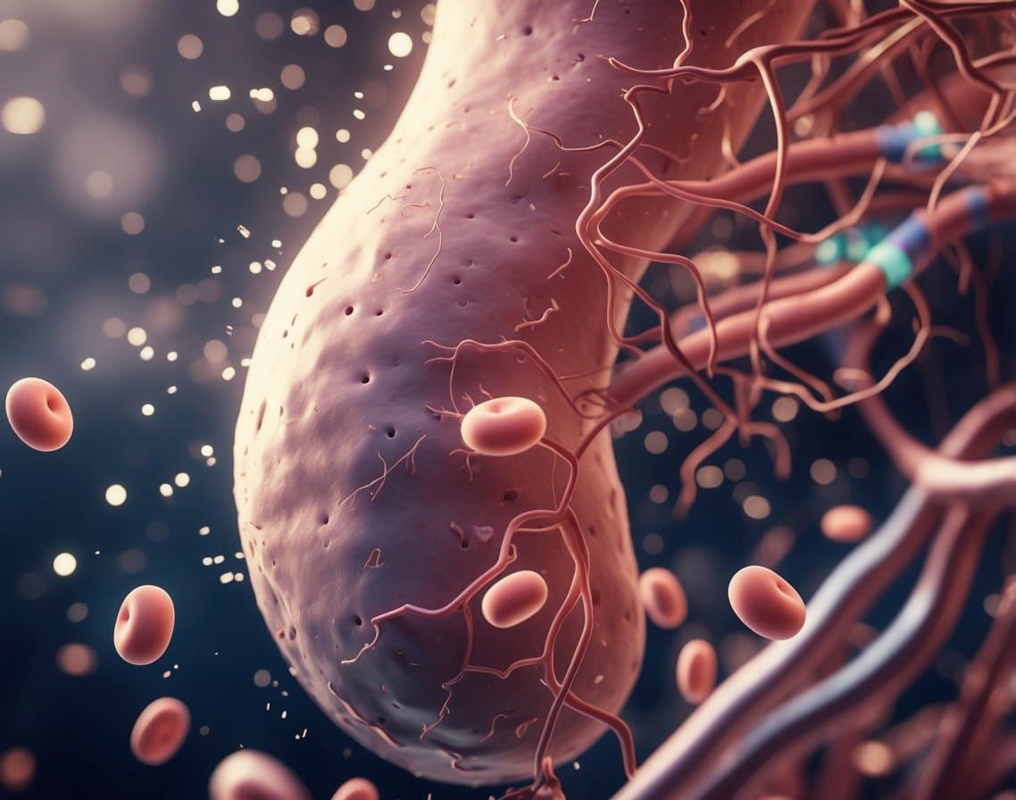 Close-up view of a healthy pancreas and bloodstream showing insulin molecules interacting with cells to represent improved insulin function.