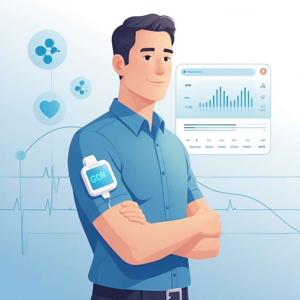 A person wearing a continuous glucose monitor on their upper arm, standing calmly with health-related icons in the background.