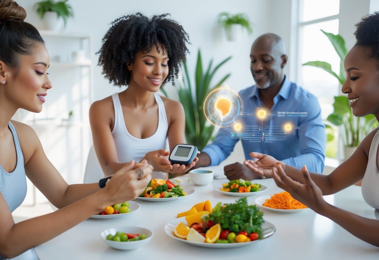 A group of adults engaging in healthy activities like exercise, meditation, and eating nutritious food in a bright wellness space, with a close-up of a person using a glucose monitor.