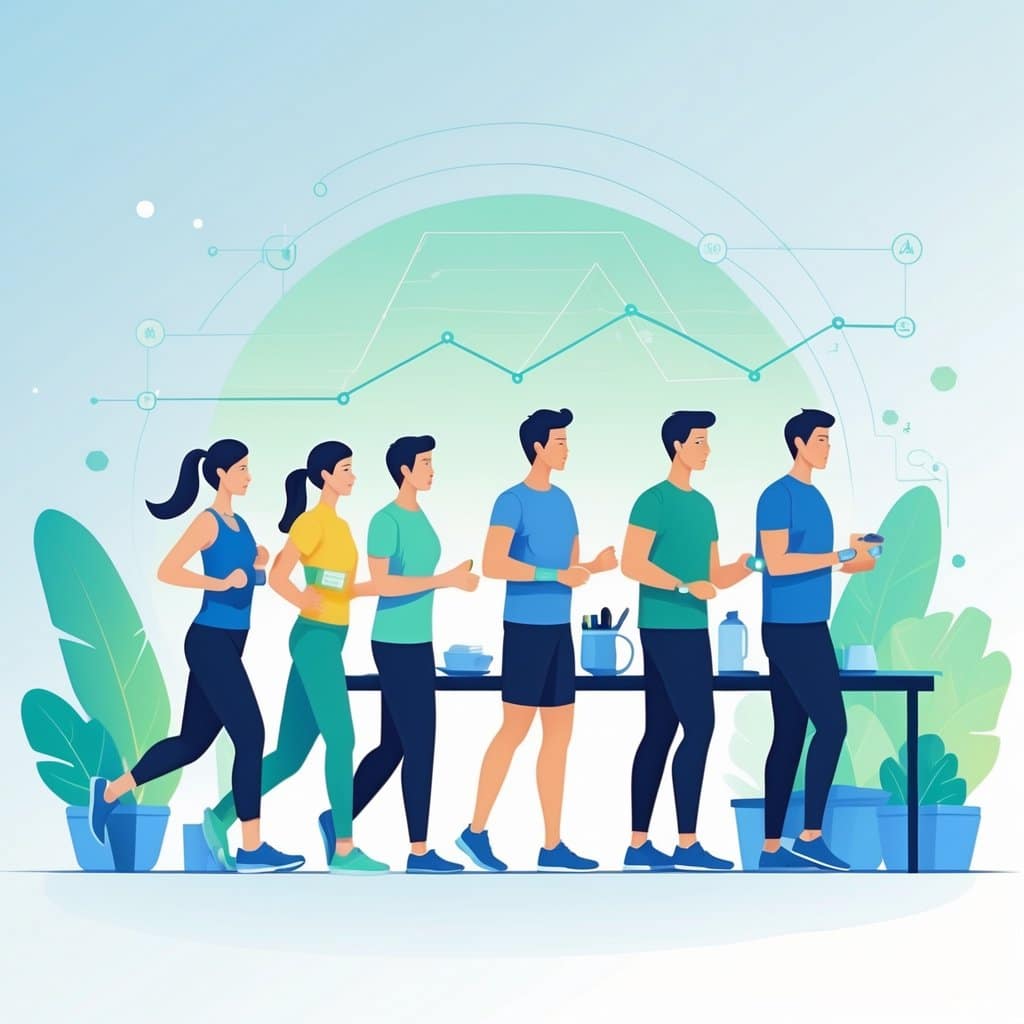 Several healthy people wearing continuous glucose monitors on their arms while engaging in everyday activities like jogging, working, and cooking.