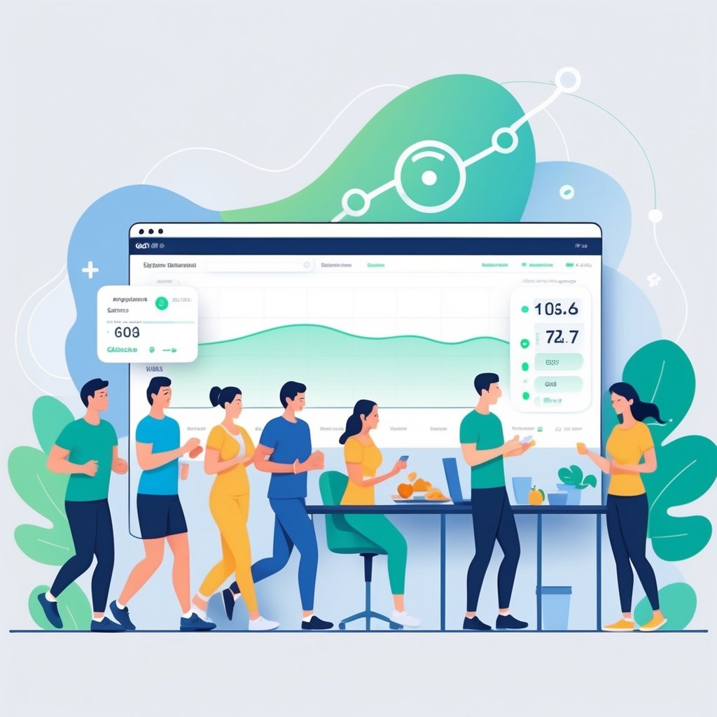 A group of healthy adults wearing small glucose monitors while engaging in daily activities like jogging, working, and cooking, with abstract glucose molecules and digital glucose level graphics in the background.