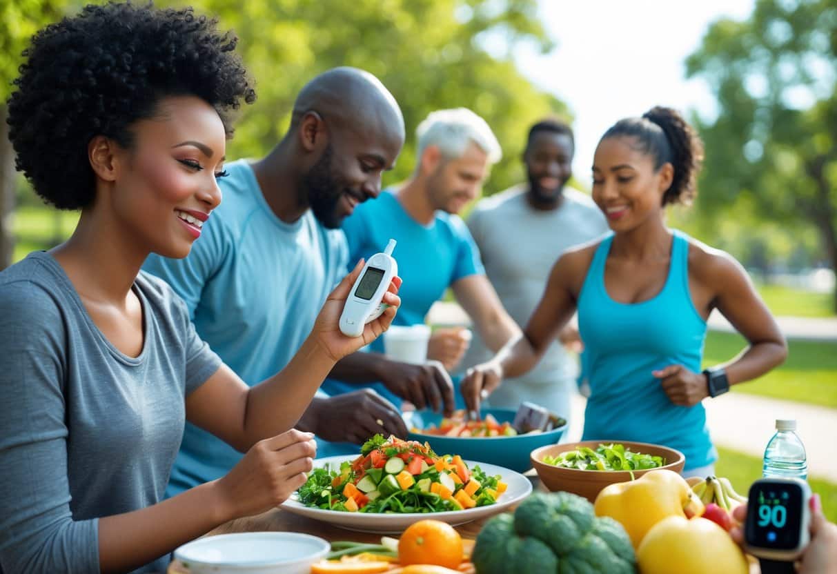 A group of healthy adults measuring blood glucose, preparing a balanced meal, and jogging outdoors, symbolizing long-term health benefits.