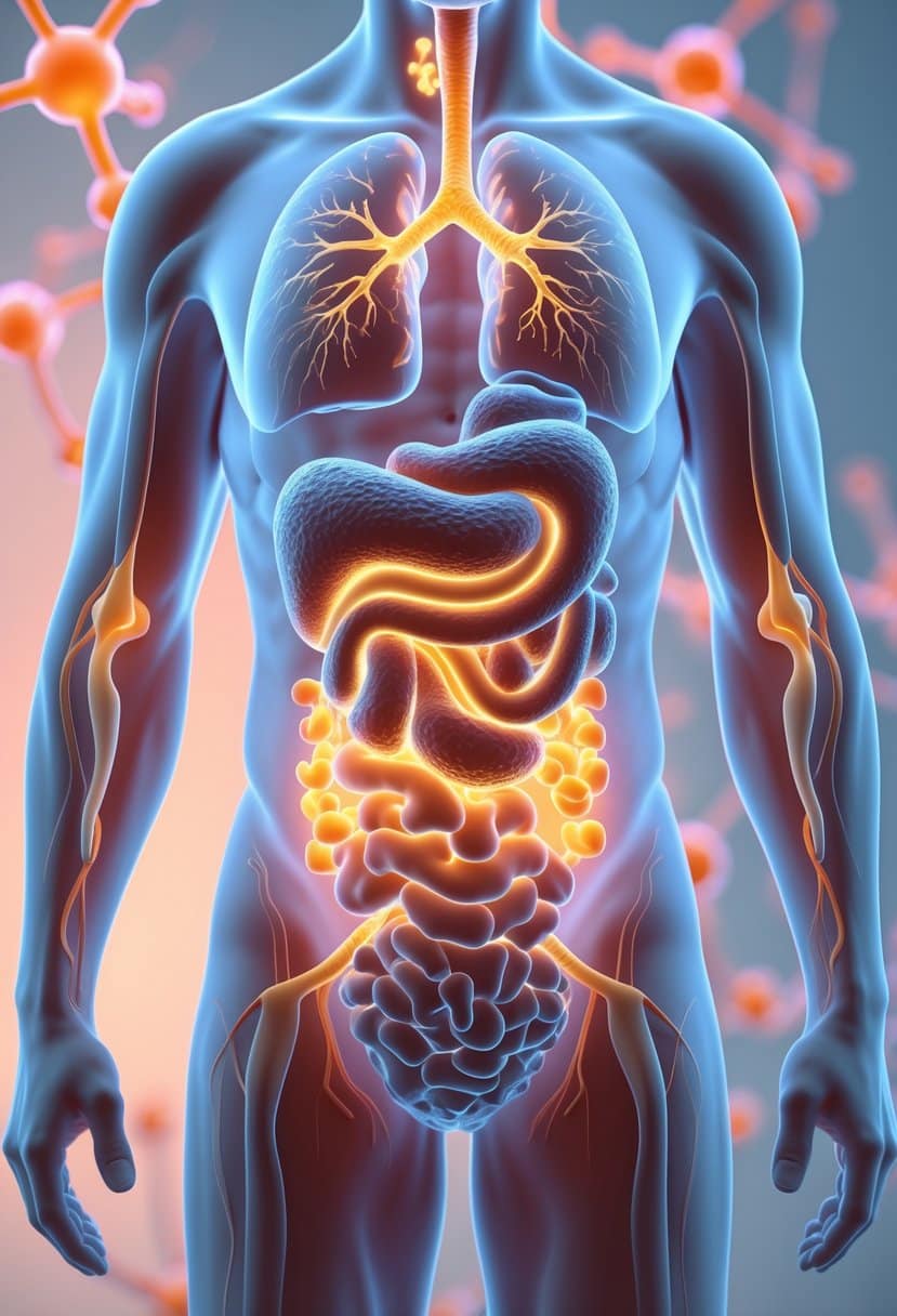 3D rendering of a human torso showing abdominal fat, liver, and arteries with indicators of metabolic health risks.