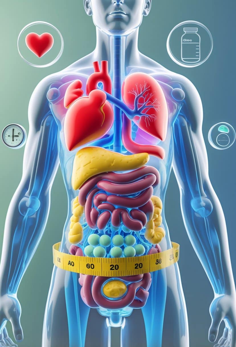 3D rendering of a human torso showing internal organs and visual symbols representing signs of metabolic syndrome such as heart risk, fatty liver, insulin resistance, and excess abdominal fat.