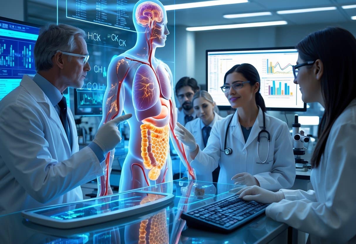 Scientists in a laboratory examining 3D holograms of the human body showing glucose metabolism pathways and discussing data.