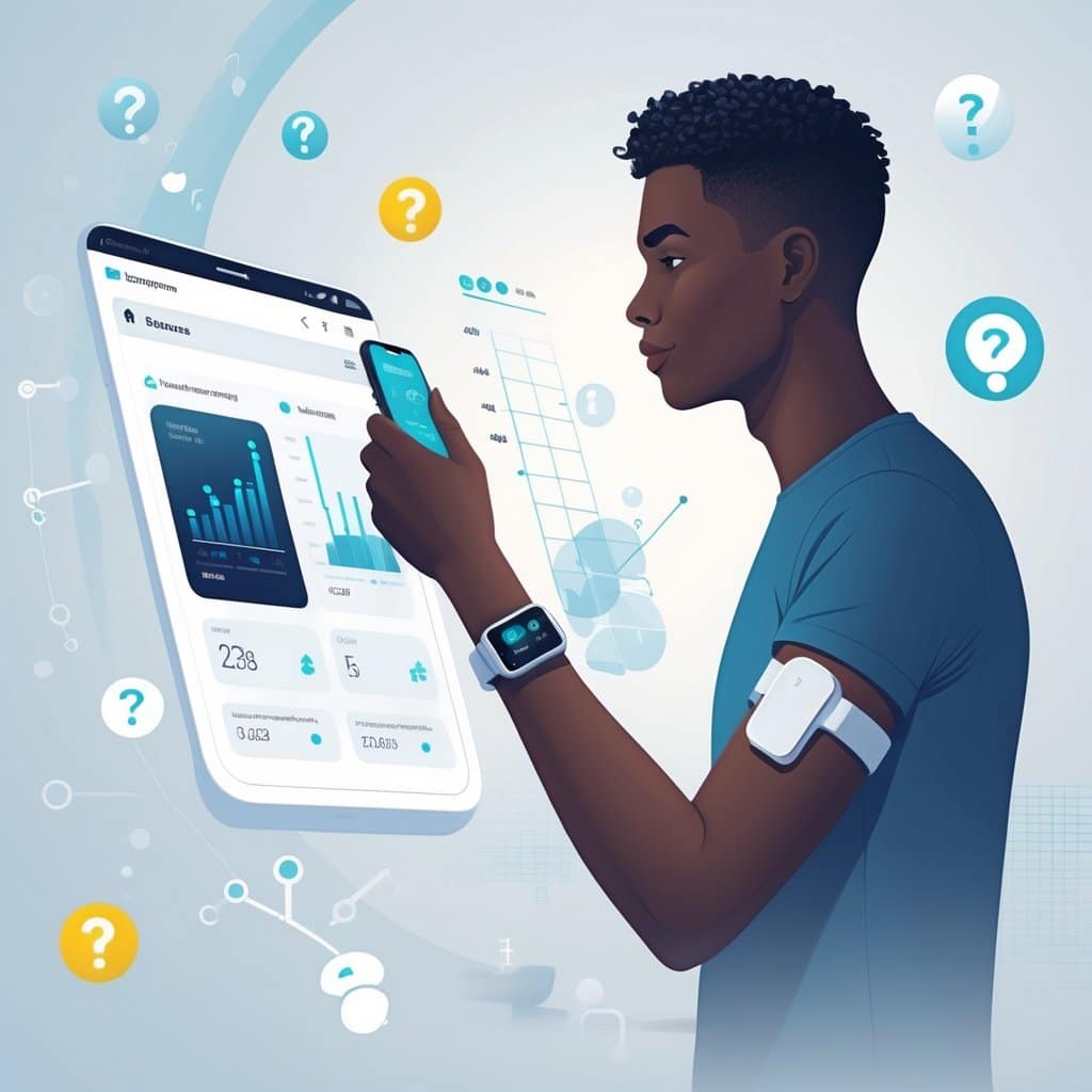 A person wearing a continuous glucose monitor on their arm looks at a smartwatch displaying glucose data, surrounded by icons representing challenges and uncertainties.