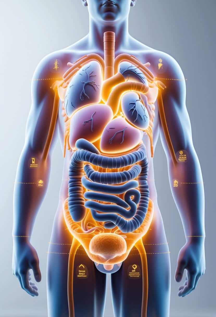 3D rendering of a human torso showing internal organs and areas related to metabolic syndrome with subtle visual indicators of health warning signs.