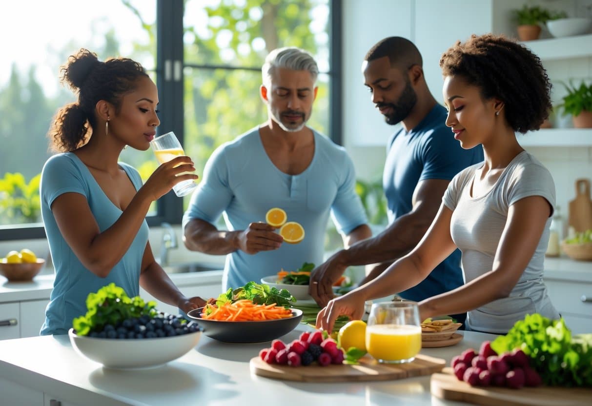 A group of people preparing healthy food, drinking water, and stretching in a bright kitchen with natural light and plants.