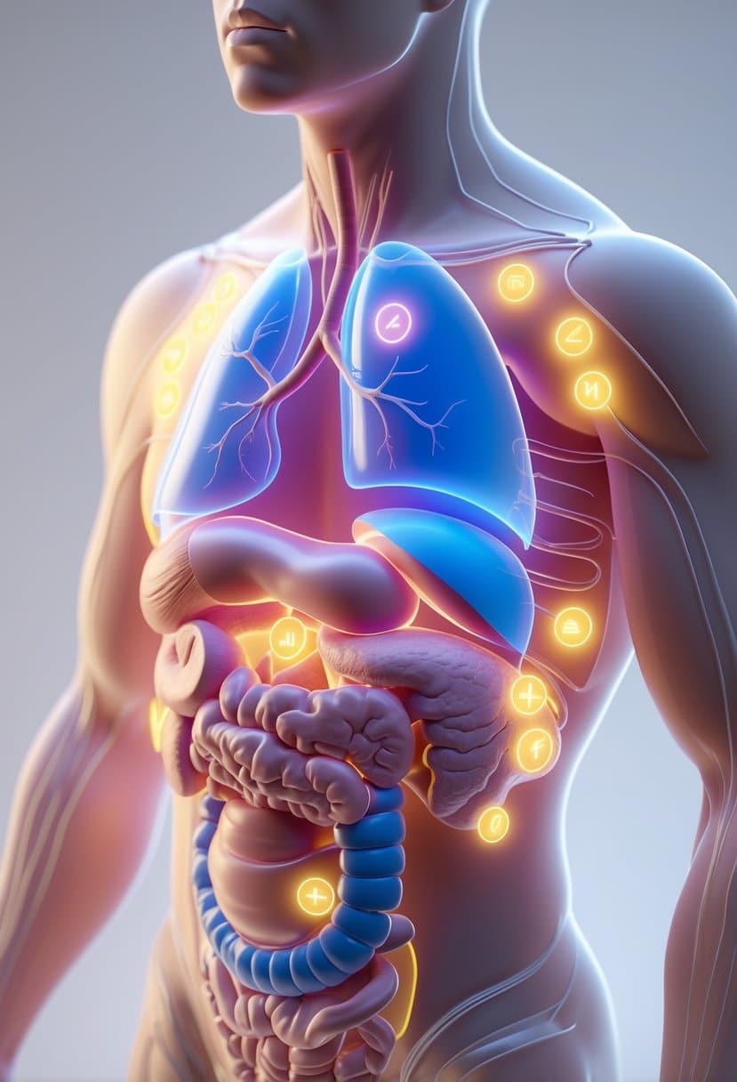 3D rendering of a human torso showing internal organs and glowing icons representing unexpected symptoms of metabolic syndrome.