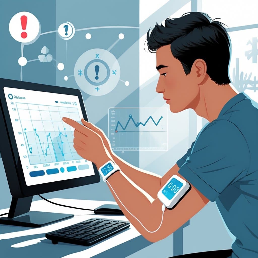 A person wearing a glucose monitor on their arm looks thoughtfully at a digital display showing changing glucose levels, surrounded by subtle warning symbols and data graphs indicating potential risks.