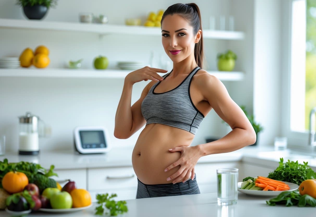 A healthy woman in athletic wear stands in a bright kitchen with fresh fruits and vegetables, gently touching her abdomen.
