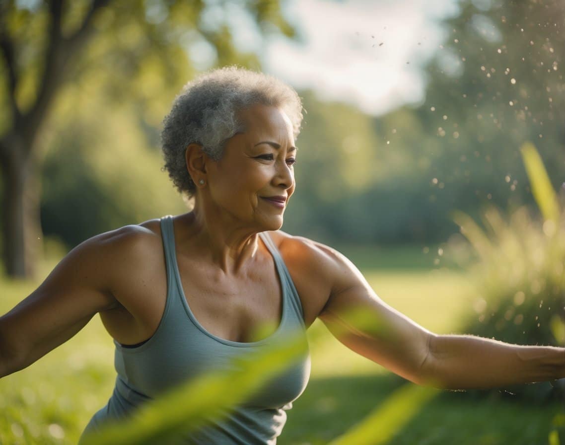 A middle-aged person outdoors in a garden, gently stretching and looking healthy and calm, with natural light and a softly blurred background.