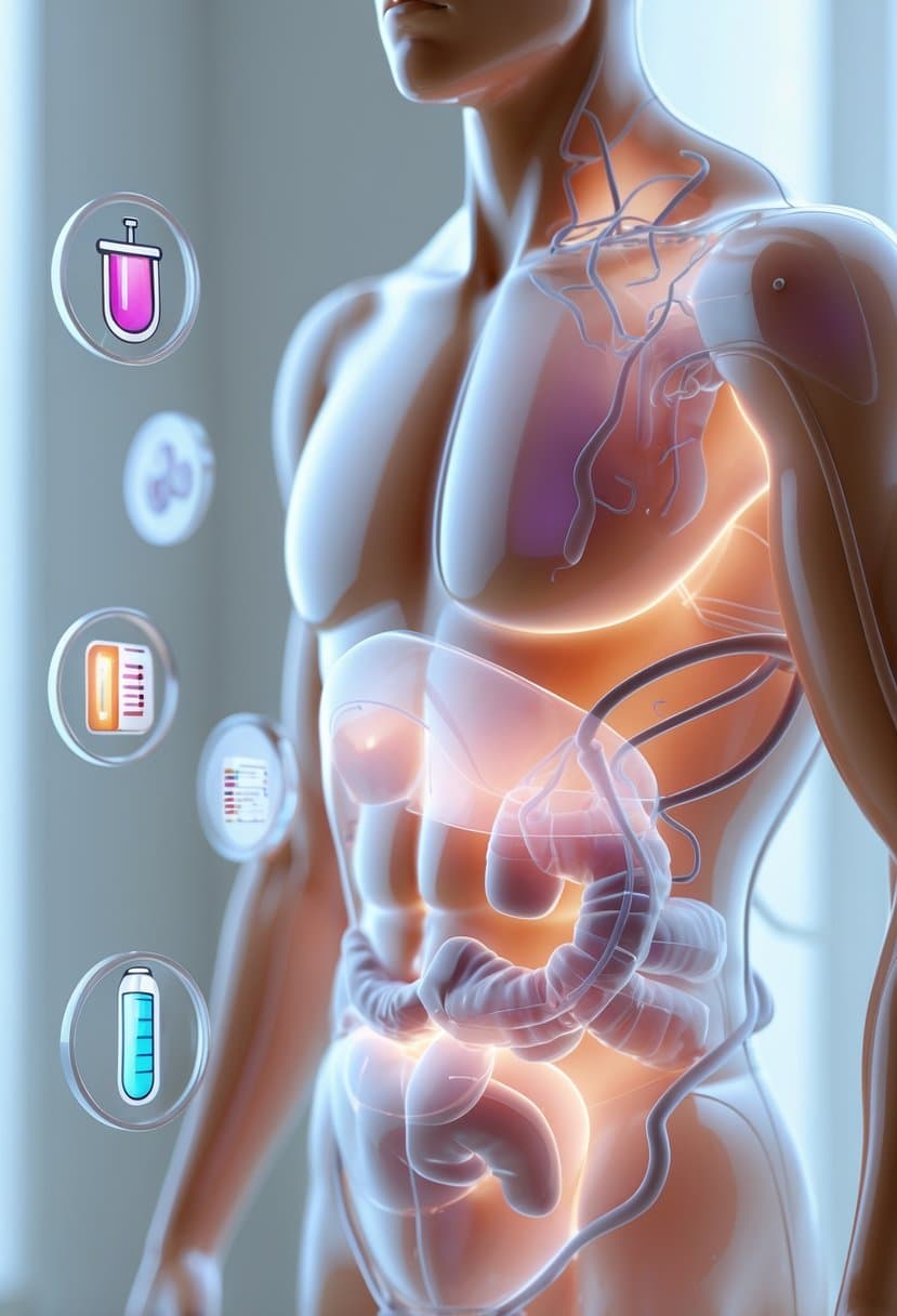 3D image of a semi-transparent human torso showing subtle signs of metabolic syndrome like abdominal fat and skin changes, surrounded by icons representing blood pressure, blood sugar, cholesterol, and triglycerides.