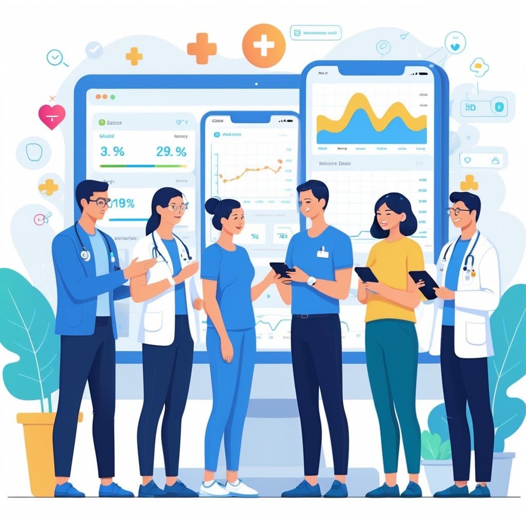 People in a healthcare setting using continuous glucose monitoring devices, viewing glucose data on digital screens, with a professional explaining the technology.