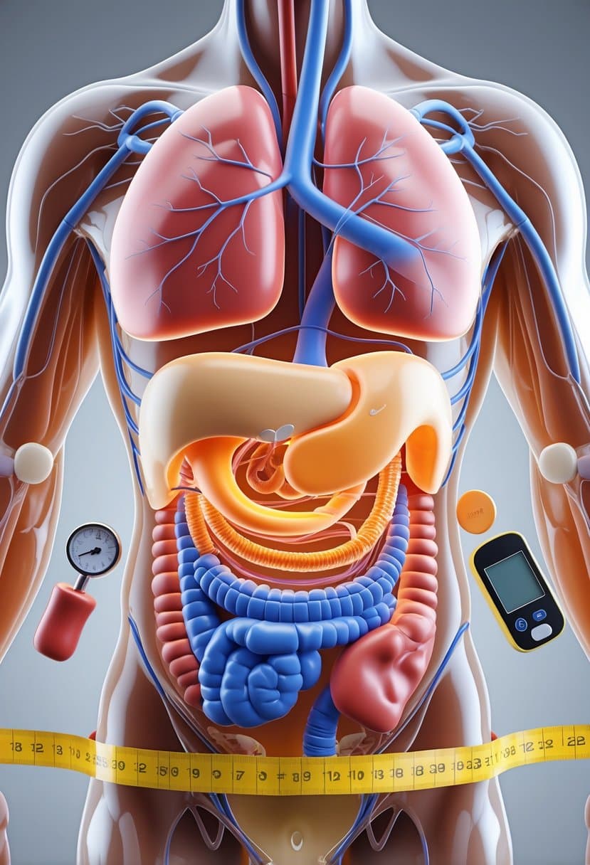 3D rendering of a human torso showing internal organs with focus on abdominal fat, arteries, and pancreas, surrounded by medical icons representing symptoms of metabolic syndrome.